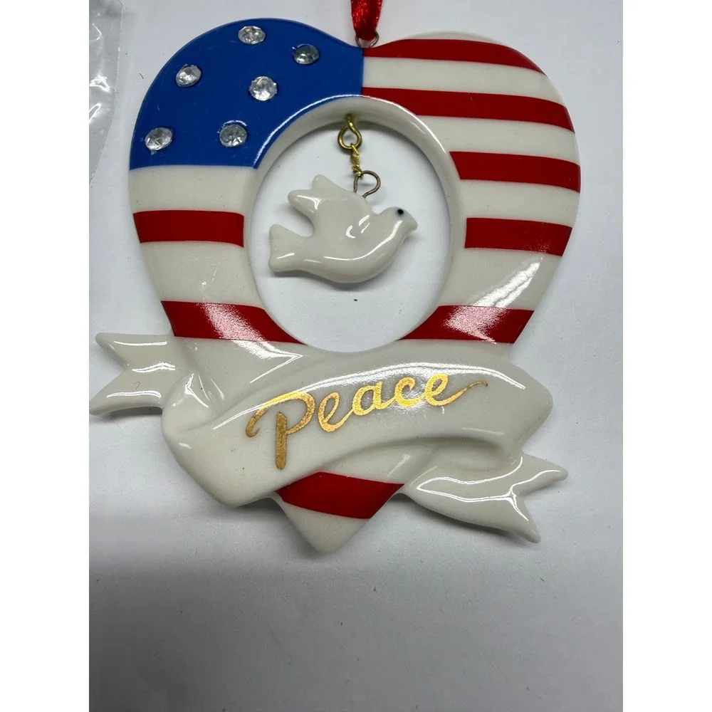 Avon 2004 Stars and Stripes Heart Ornament Peace Dove American Flag Rhinestone